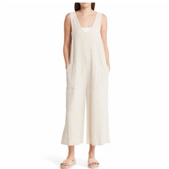 Treasure & Bond Pants - Treasure & Bond Linen-Blend Sleeveless Wide-Leg Jumpsuit in Cream